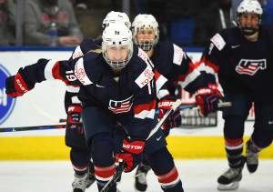 PLYMOUTH, MICHIGAN - MARCH 31: USA's Gigi Marvin #19 skates to the bench with teammates after a third period goal against Canada during preliminary round action at the 2017 IIHF Ice Hockey Women's World Championship. (Photo by Matt Zambonin/HHOF-IIHF Images)